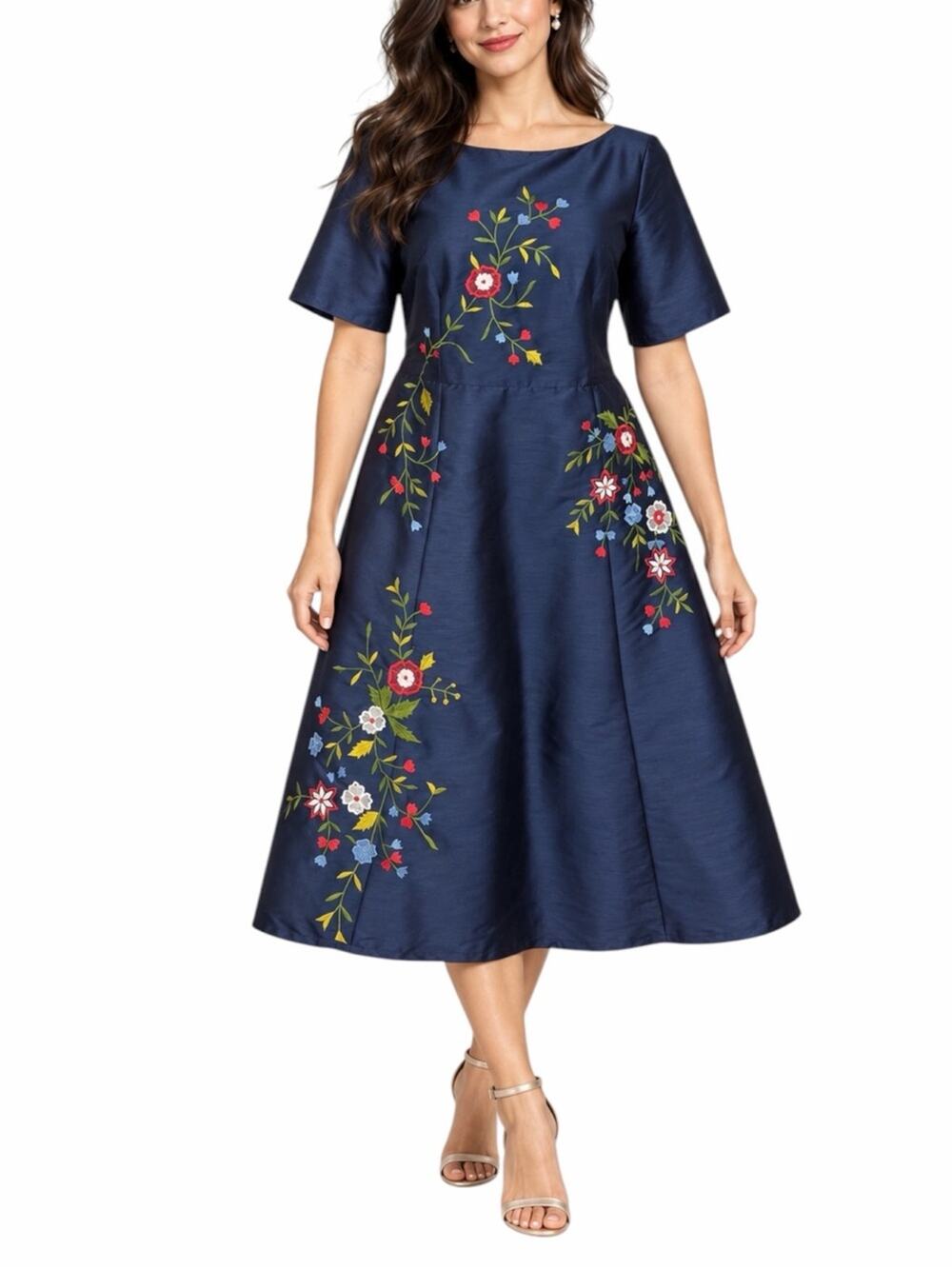 Wayward Fancies eShakti Midi Dress Navy Red Floral Embroidered Fit Flare Size 14